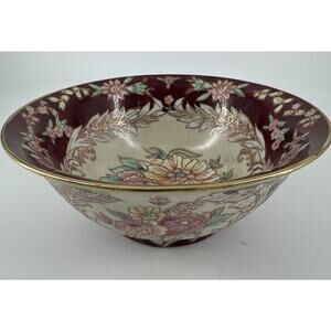 Oriental Porcelain Bowl Hand Painted Gold Guild w/Intricate Flowers 8.5” W VTG